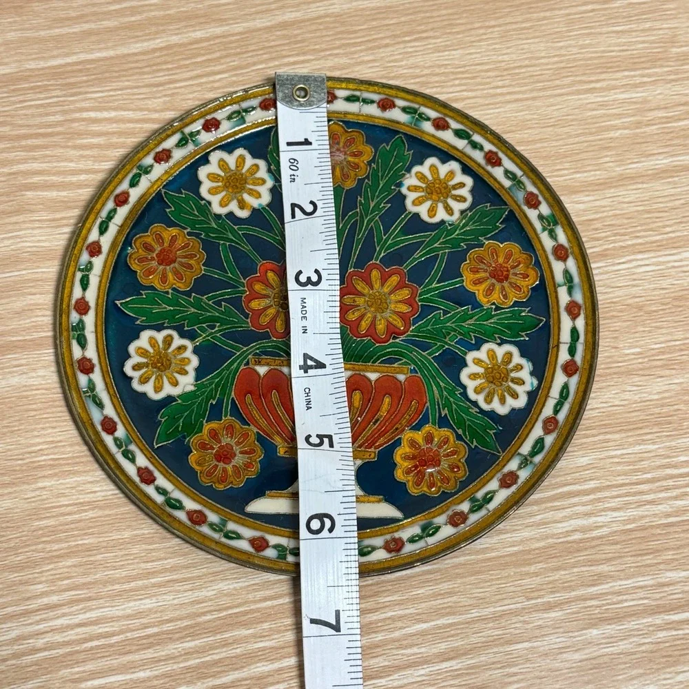 Vintage Small Metal Cloisonné Enameled Hand Painted Decorative Brass Wall Plate